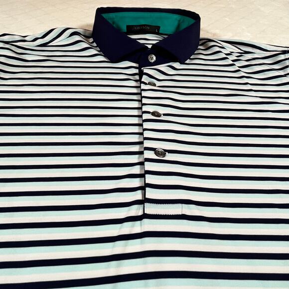 Greyson Polo Shirt Men's Size Large Striped Short Sleeve Blue aqua white - Picture 3 of 8